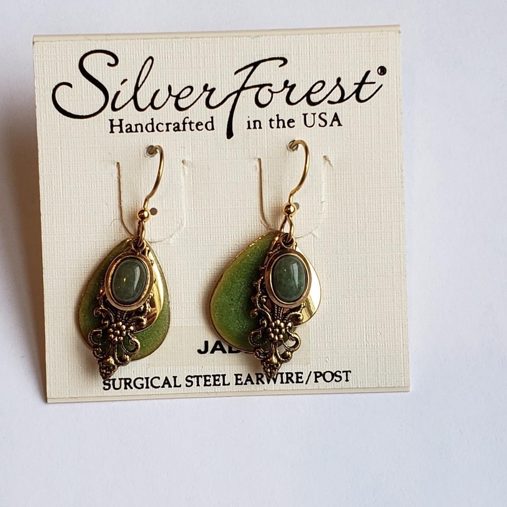 Silver forest jade teardrop earrings